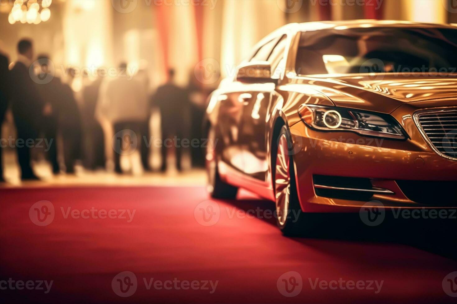 kant visie van luxe sport auto Aan rood tapijt in toonzaal. foto