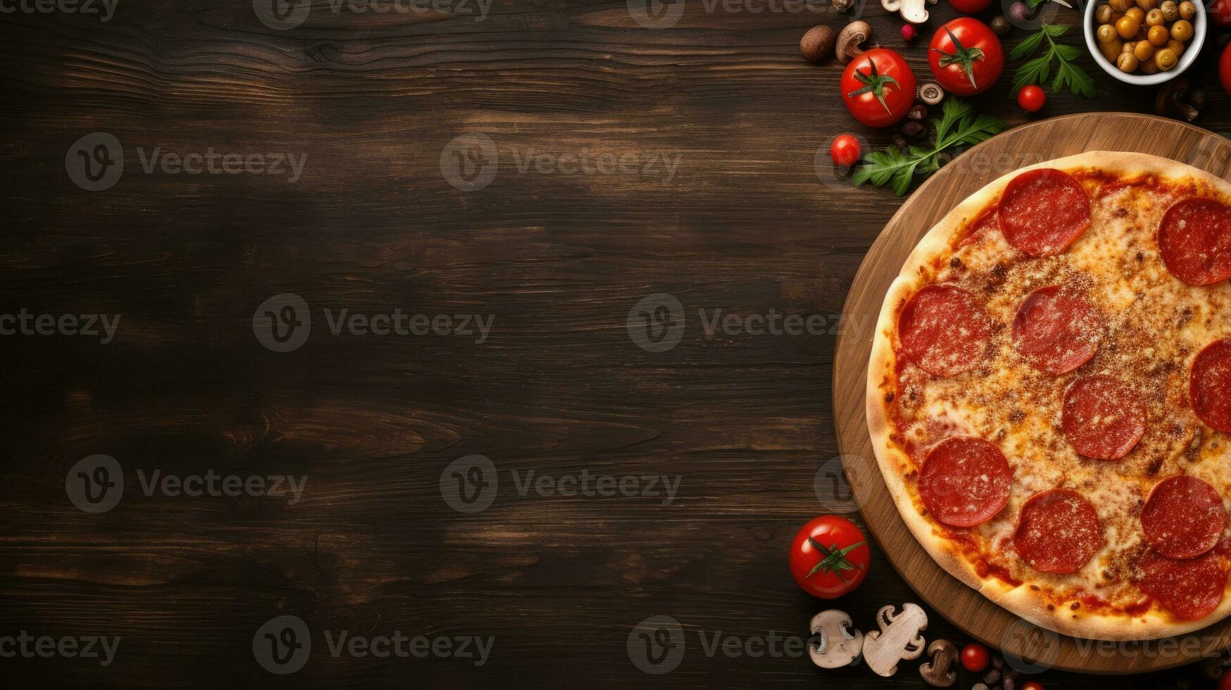 pizza Aan een houten achtergrond. top visie met kopiëren ruimte. foto