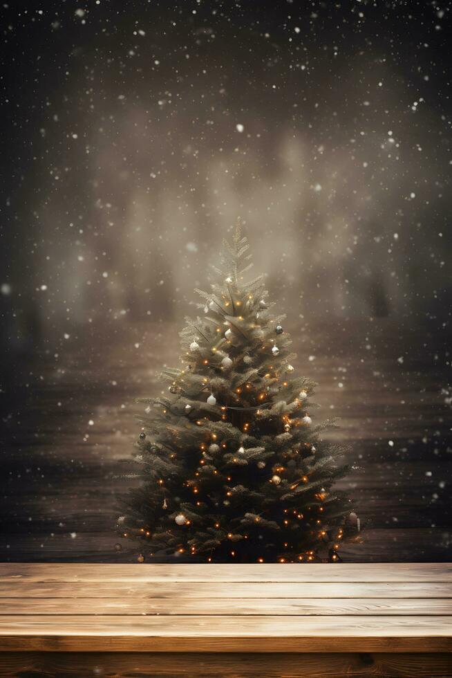 ai gegenereerd Kerstmis boom met houten tafel en stoel in voorkant van houten muur foto