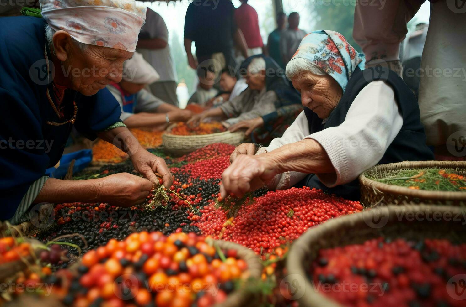 ouderen Dames sorteren bessen. genereren ai foto