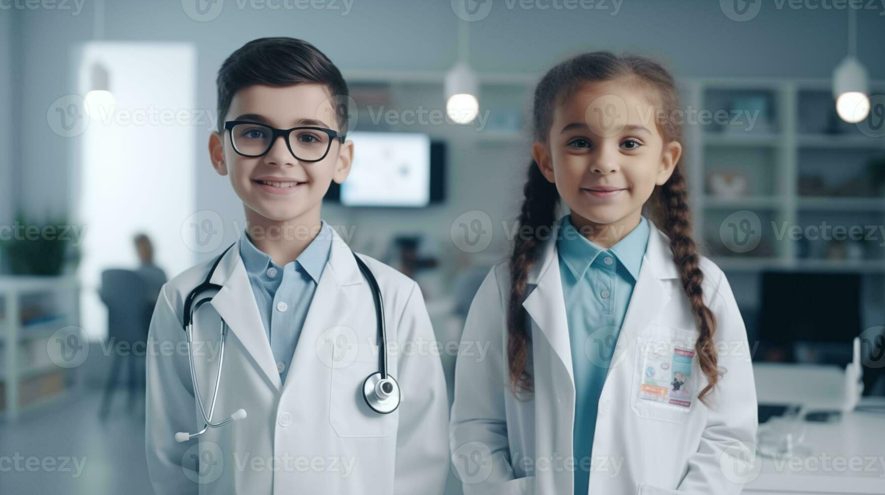 ai gegenereerd jongens en meisjes jurk omhoog net zo een dokter in uniform staand met wazig personeel mensen achtergrond in een ziekenhuis, onderwijs concept ai gegenereerd foto