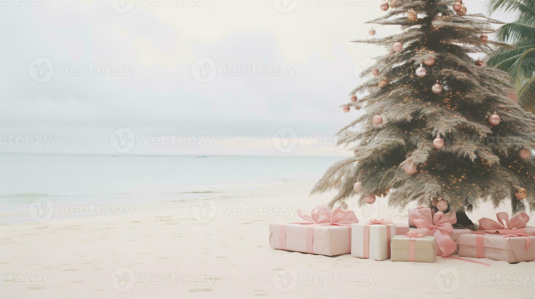 ai gegenereerd generatief ai, Kerstmis Aan de strand. geschenken, Kerstmis boom, palm, oceaan en stoelen. vakantie concept foto