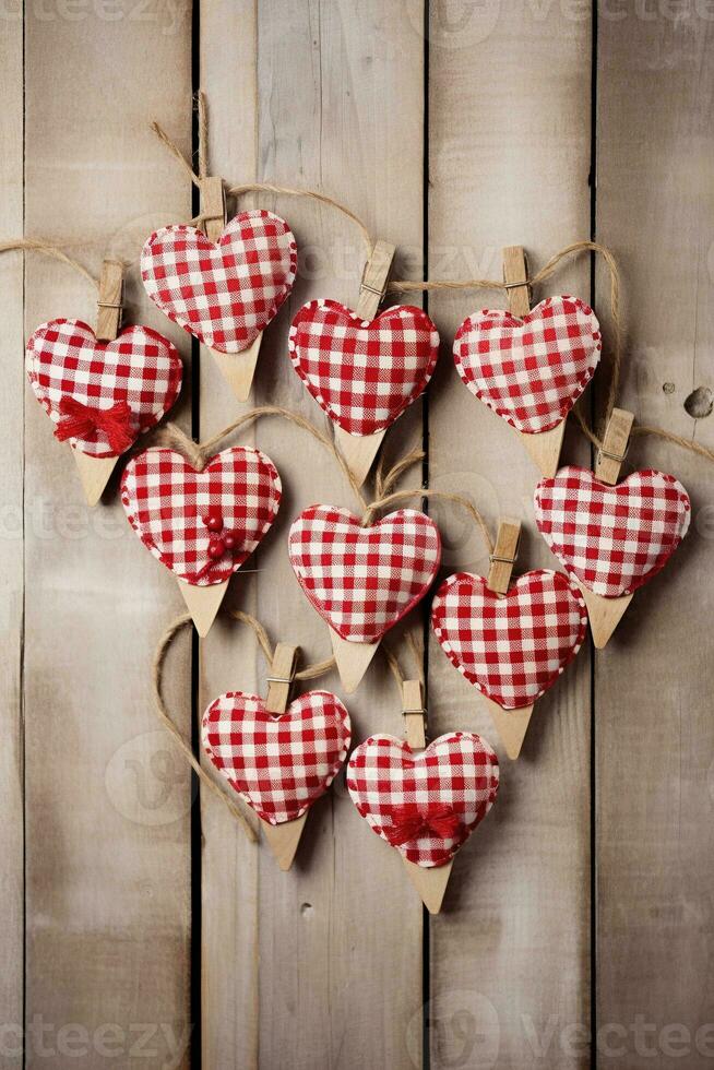 ai gegenereerd Valentijnsdag dag achtergrond met harten en wasknijpers Aan houten muur foto