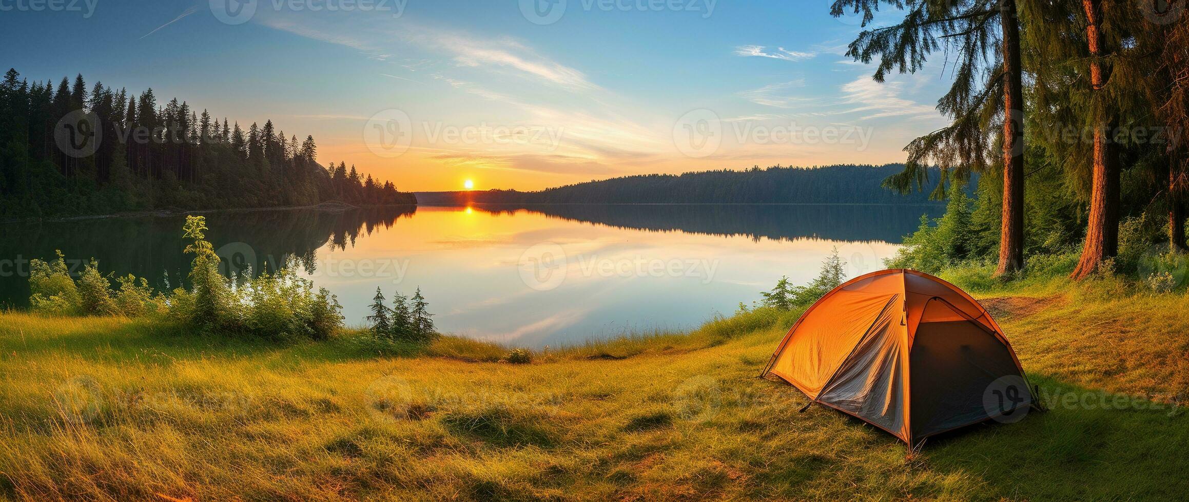 ai gegenereerd camping tent Aan de kust van een meer Bij zonsondergang. foto