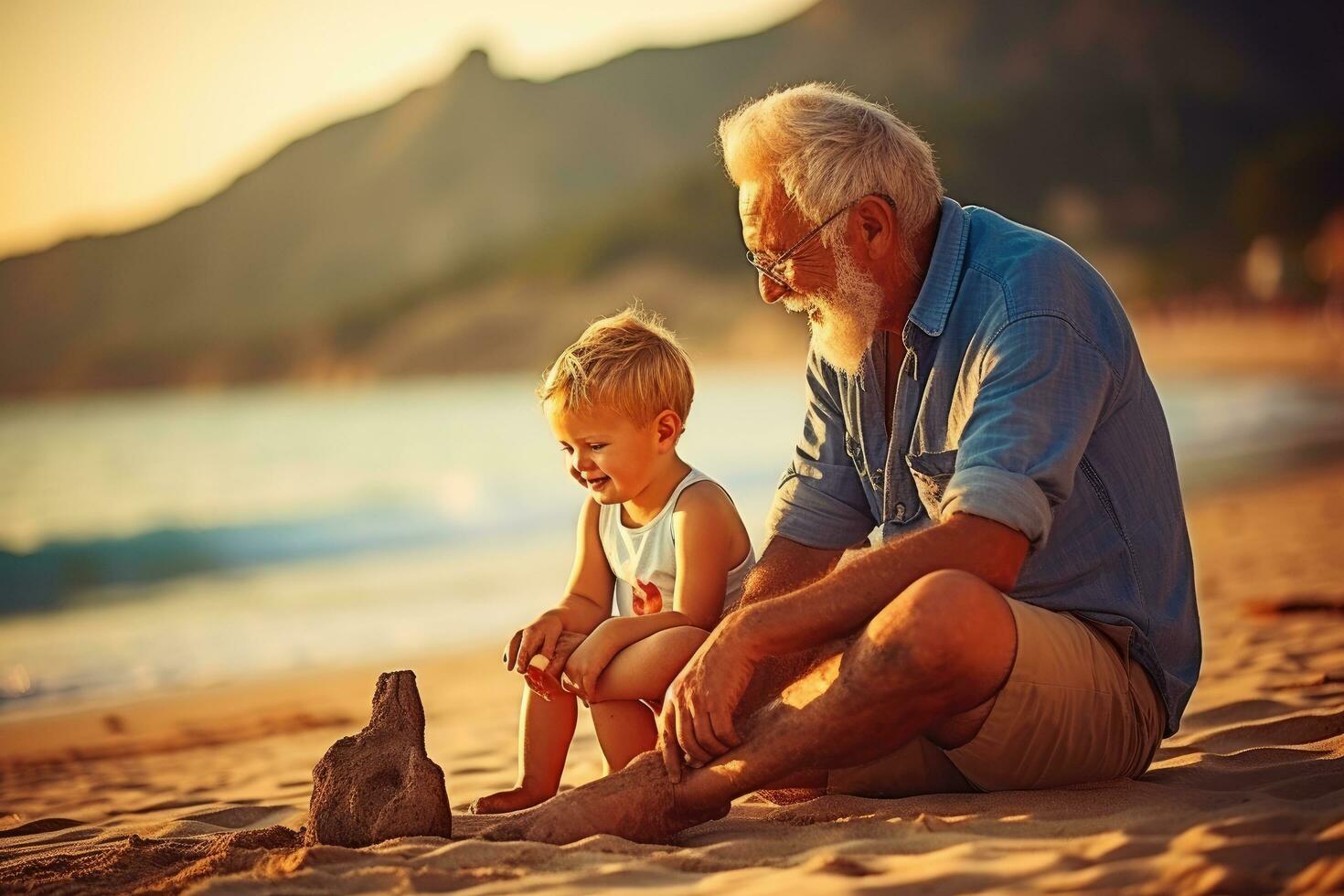 ai gegenereerd opa en kleinzoon spelen met zand Aan de strand Bij zonsondergang, gelukkig senior Mens en zijn kleinzoon Aan de strand Bij zomer, ai gegenereerd foto