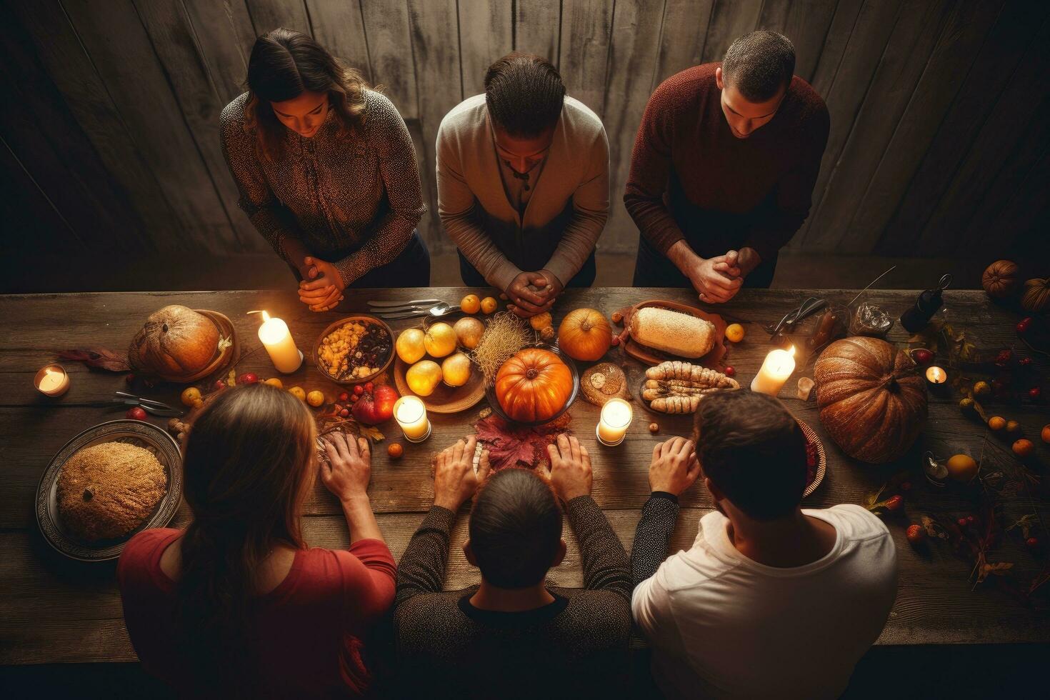 ai gegenereerd top visie van groep van vrienden zittend Bij de houten tafel met pompoenen en kaarsen, familie bidden Holding handen Bij dankzegging tafel, ai gegenereerd foto