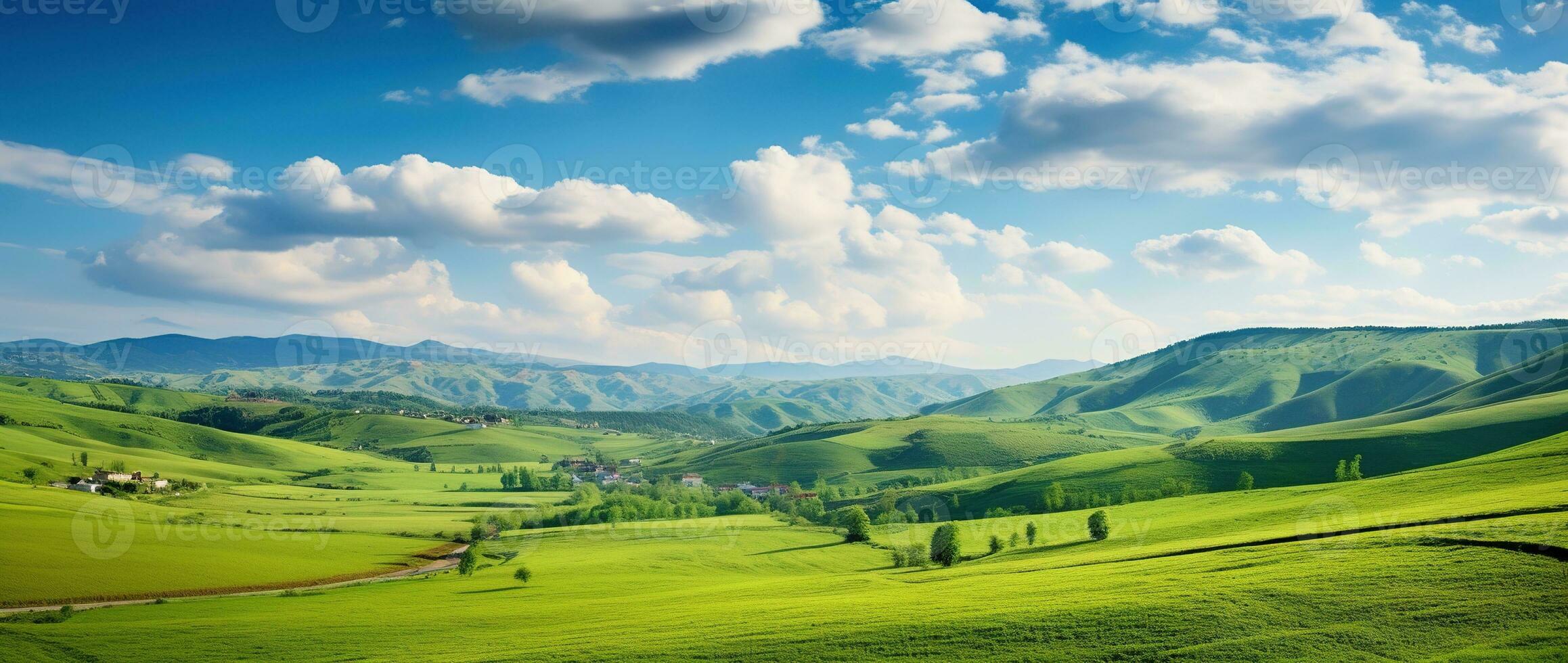 ai gegenereerd mooi landschap met groen weiden en blauw lucht met wolken. foto