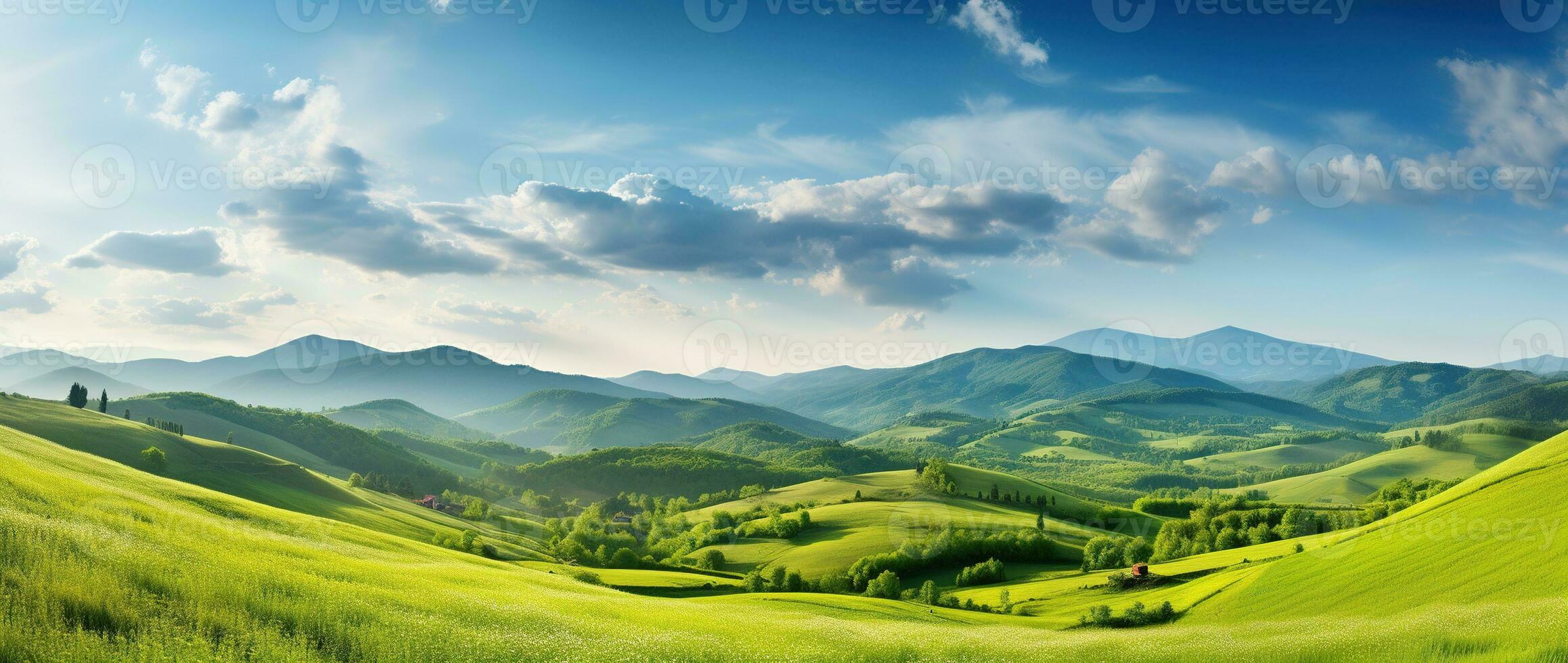 ai gegenereerd mooi landschap met groen weiden en blauw lucht met wolken. foto