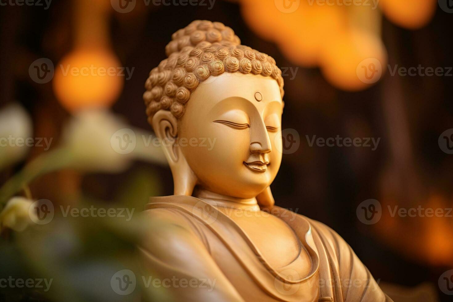 ai gegenereerd detailopname van Boeddha standbeeld in boeddhistisch tempel foto