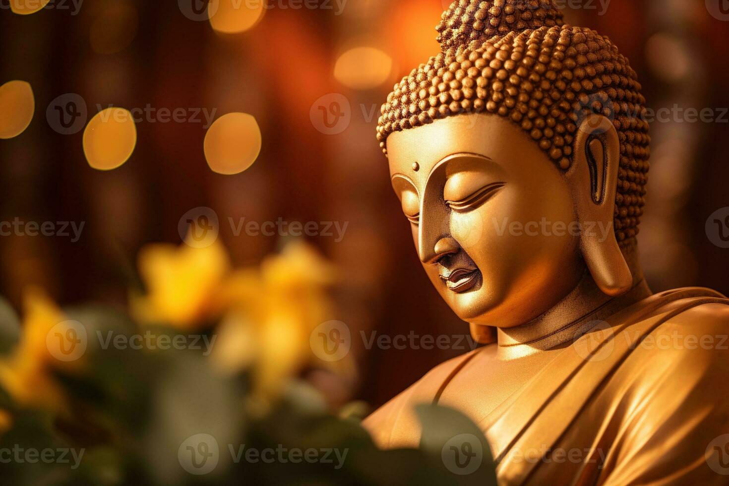 ai gegenereerd detailopname van Boeddha standbeeld in boeddhistisch tempel foto