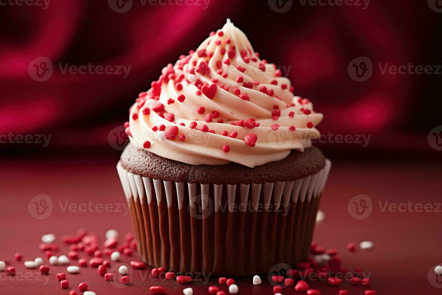 ai gegenereerd Valentijn koekje met hartvormig hagelslag Aan rood achtergrond foto