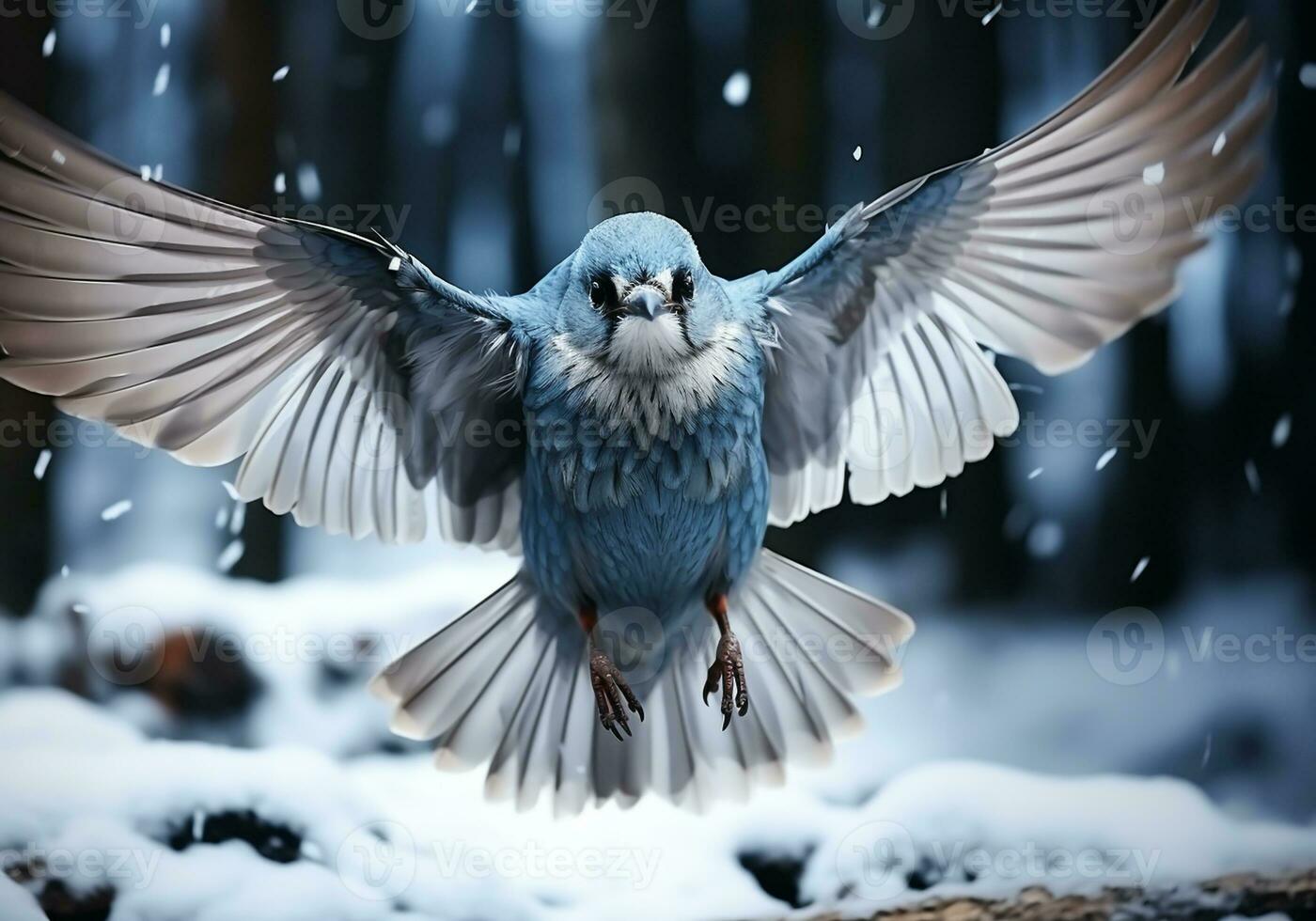 ai gegenereerd weinig blauw vogel landen Aan de sneeuw in winter landschap met vallend sneeuw foto