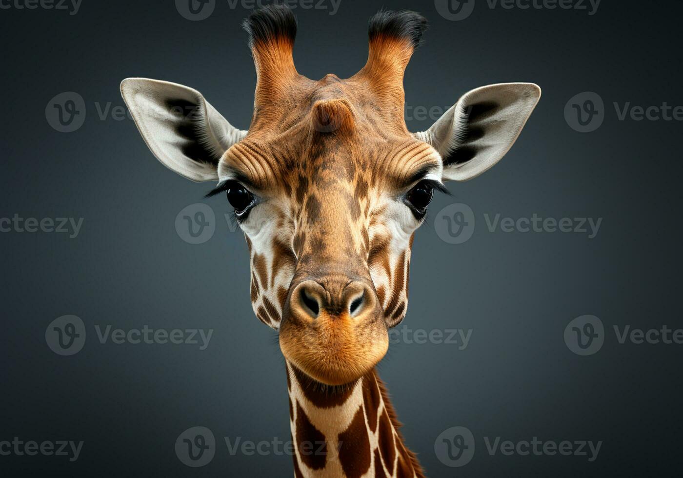 ai gegenereerd realistisch portret van een giraffe Aan donker achtergrond. foto