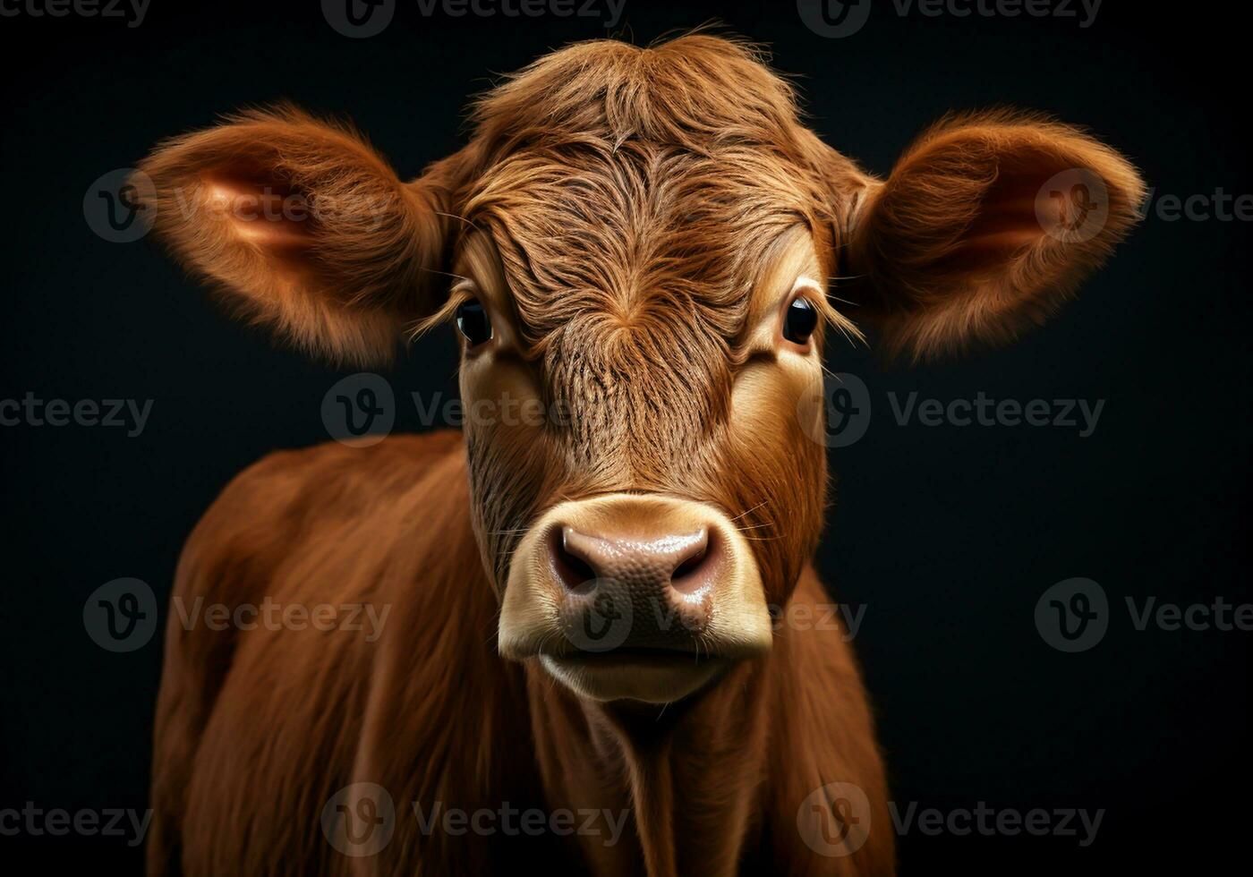 ai gegenereerd realistisch portret van een koe Aan donker achtergrond foto
