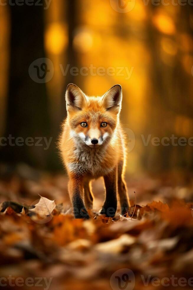 ai gegenereerd rood vos in de herfst Woud. mooi wild dier in natuur. foto