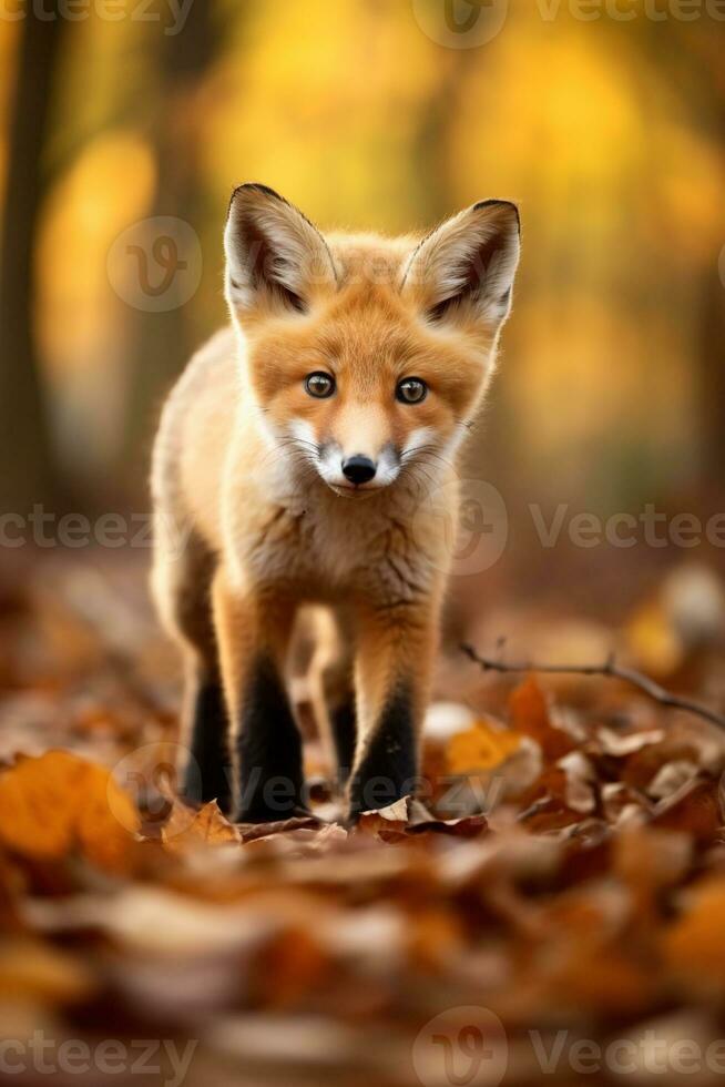 ai gegenereerd rood vos in de herfst Woud. mooi wild dier in natuur. foto