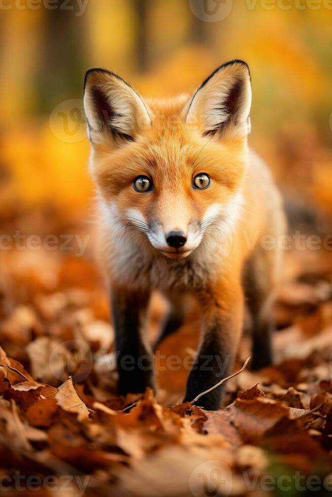 ai gegenereerd rood vos in de herfst Woud. mooi wild dier in natuur. foto