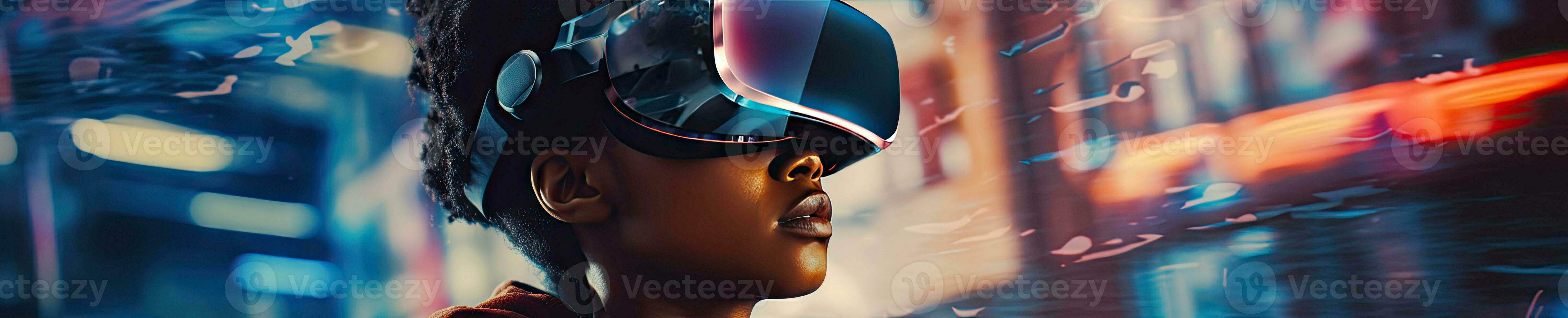 ai gegenereerd meisje verdiept in vr, contrasterend kalmte gedragswijze. ai generatief. foto