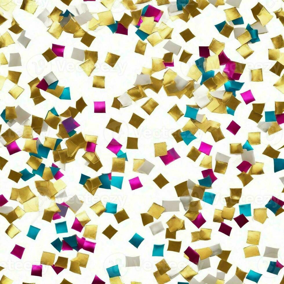 ai gegenereerd de folie metaalachtig fonkeling confetti verspreide aan de overkant een schoon wit achtergrond. foto