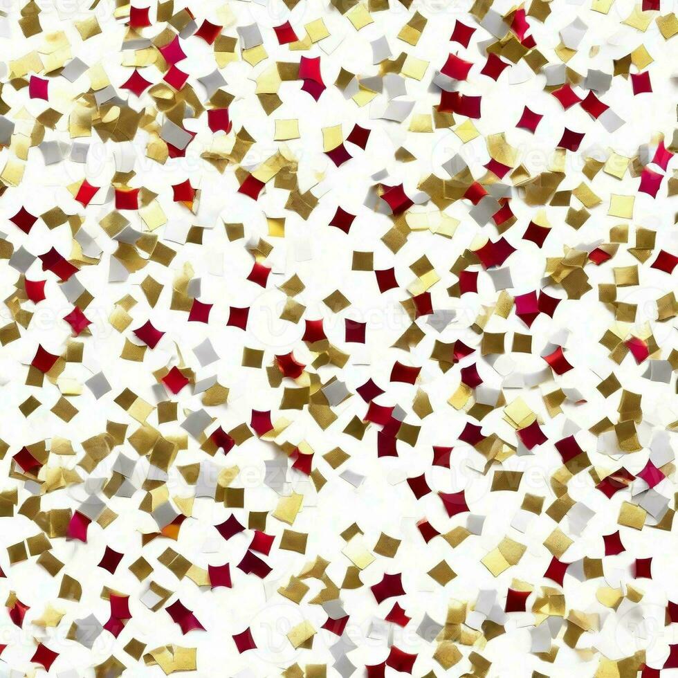 ai gegenereerd de folie metaalachtig fonkeling confetti verspreide aan de overkant een schoon wit achtergrond foto