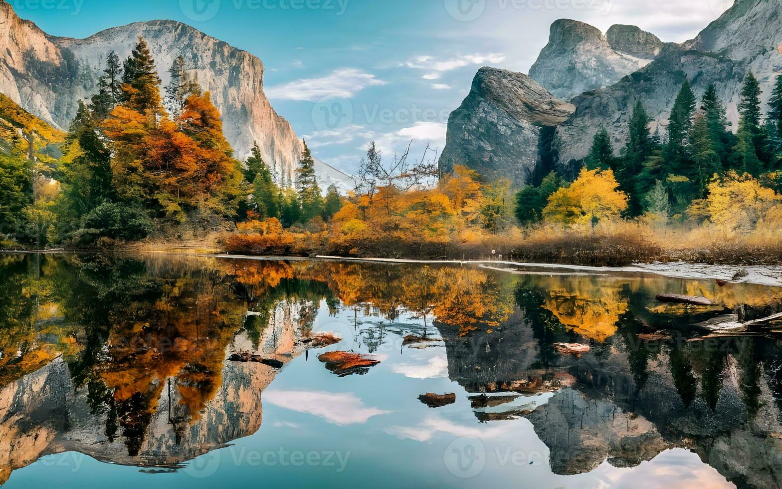 ai gegenereerd van de natuur symfonie, een majestueus herfst tapijtwerk gespiegeld in rustig wateren foto