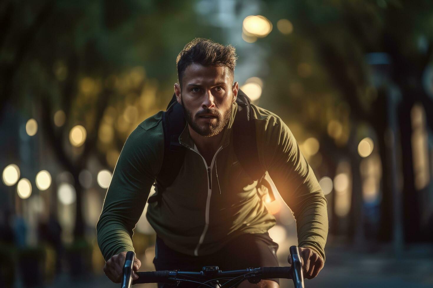 ai gegenereerd jong Mens rijden een fiets in de stad Bij nacht. gezond levensstijl concept, een Mens Aan een geschiktheid oefening fiets binnenshuis, ai gegenereerd foto