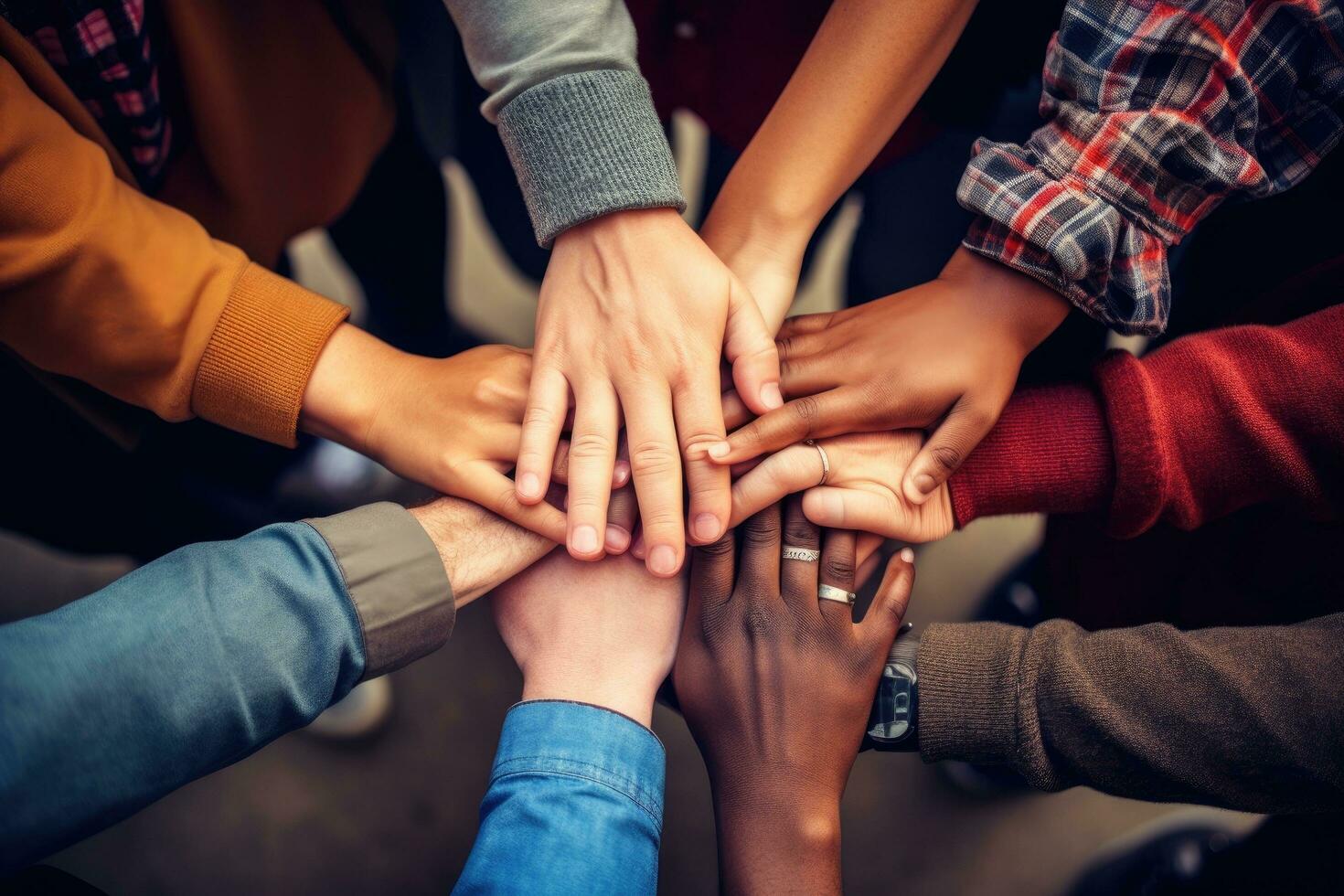 ai gegenereerd groep van verschillend mensen zetten hun handen samen Aan top van elk ander, een groep van verschillend handen Holding elk andere in steun, samenspel antenne visie, ai gegenereerd foto