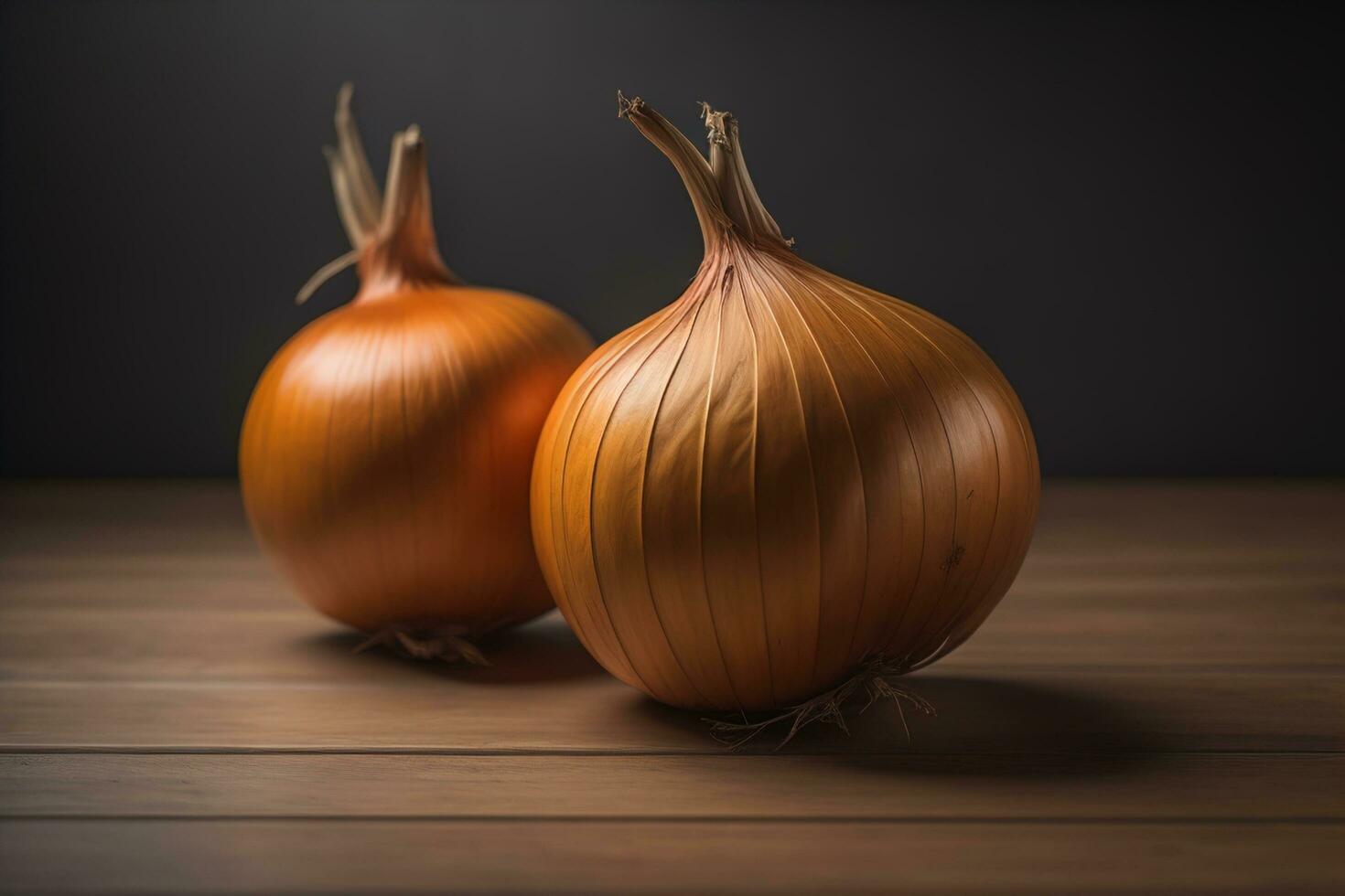 ai gegenereerd drie uien Aan een houten tafel in voorkant van een solide kleur achtergrond. ai generatief foto