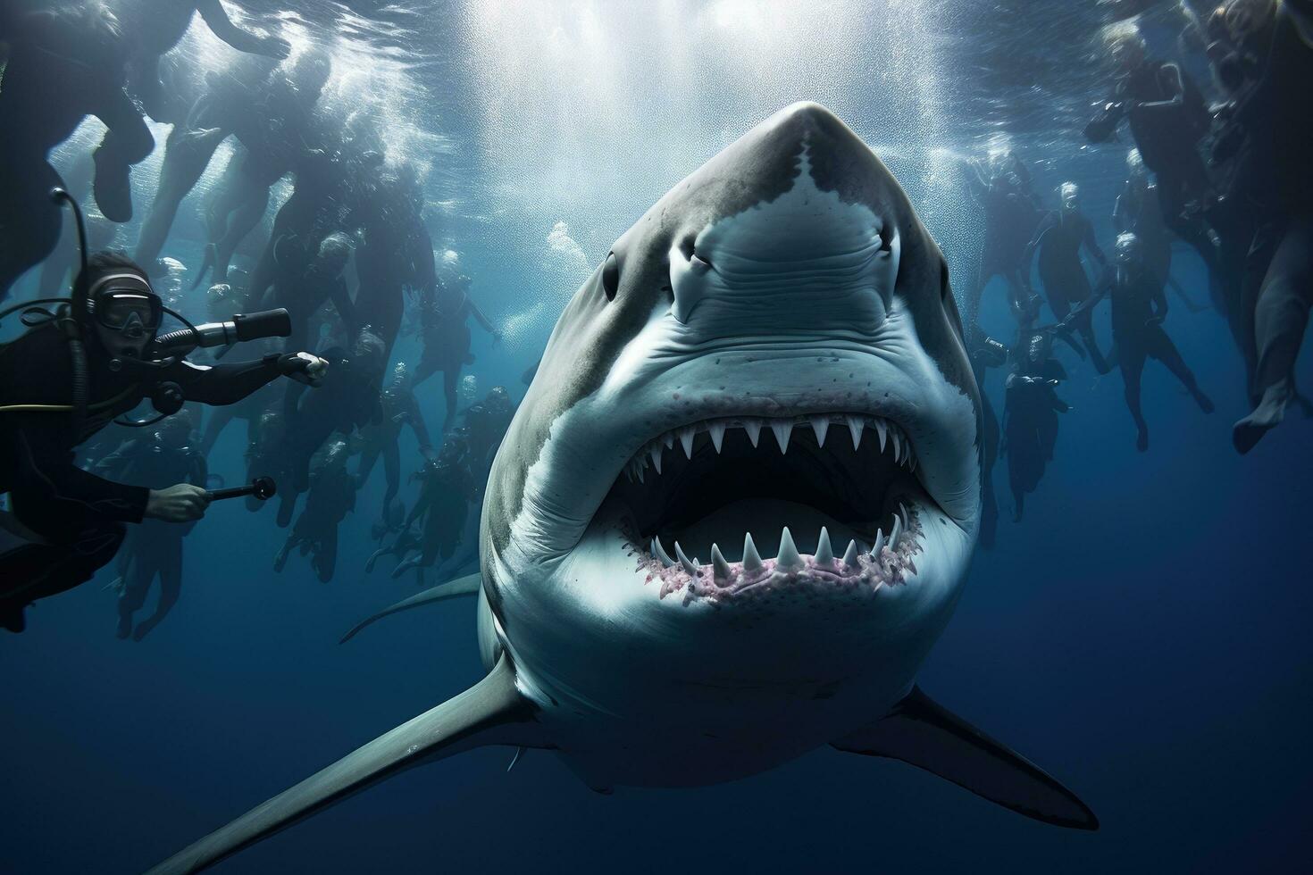 ai gegenereerd Super goed wit haai carcharodon carcharia's, een Super goed wit haai tonen haar tanden in voorkant van verschillend in een duiken kooi, ai gegenereerd foto