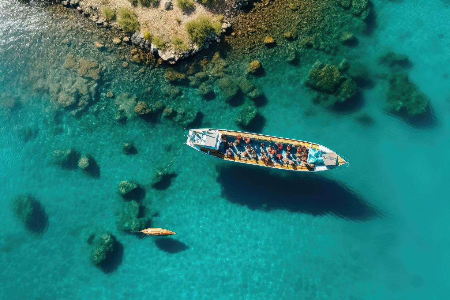 ai gegenereerd antenne visie van boot Aan turkoois zee water in Griekenland, antenne visie van rood auto Aan de weg in de groen Woud, antenne visie van een rood auto met een dak rek, ai gegenereerd foto