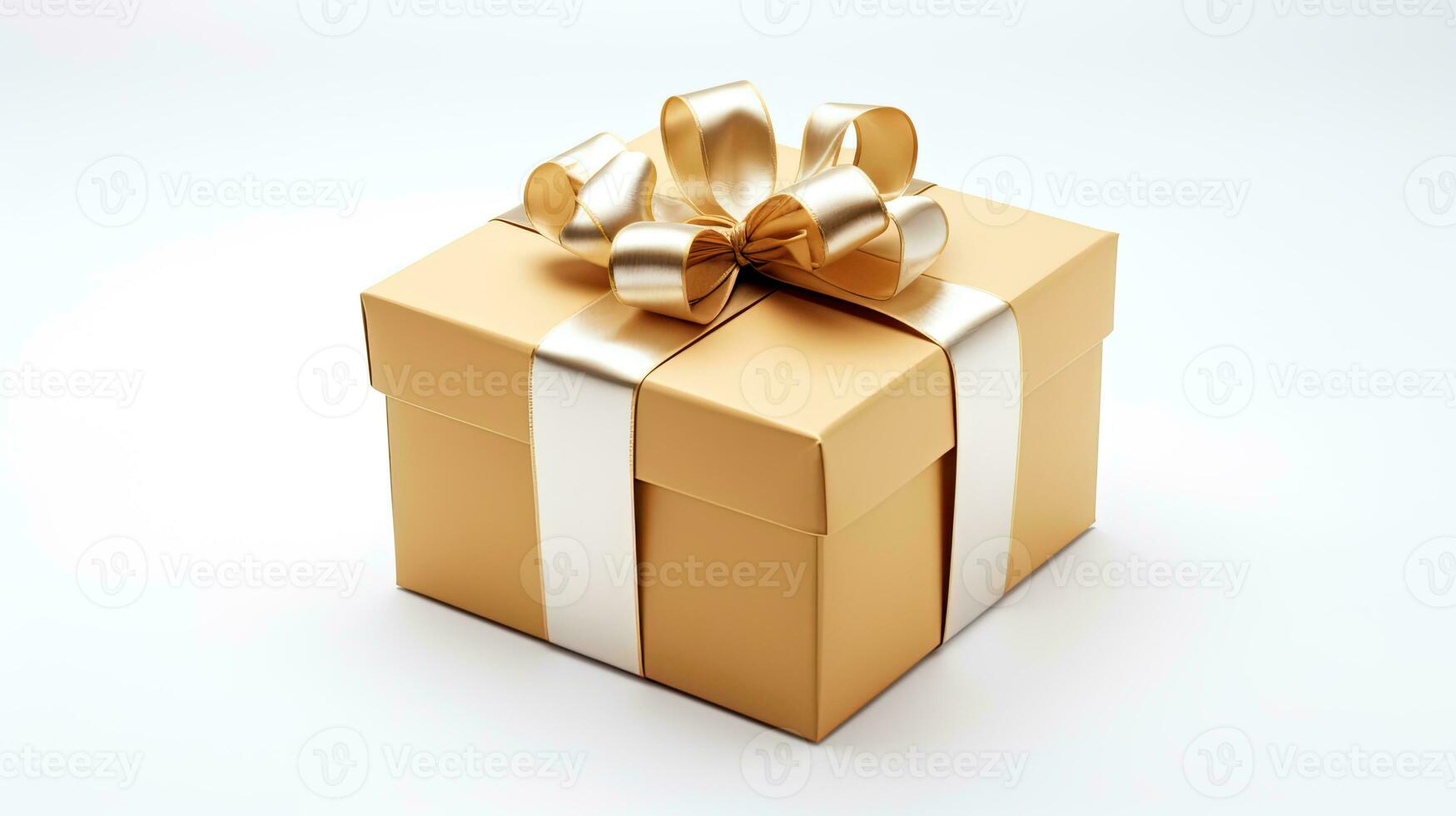 gouden geschenk doos met boog Aan wit achtergrond. generatief ai foto
