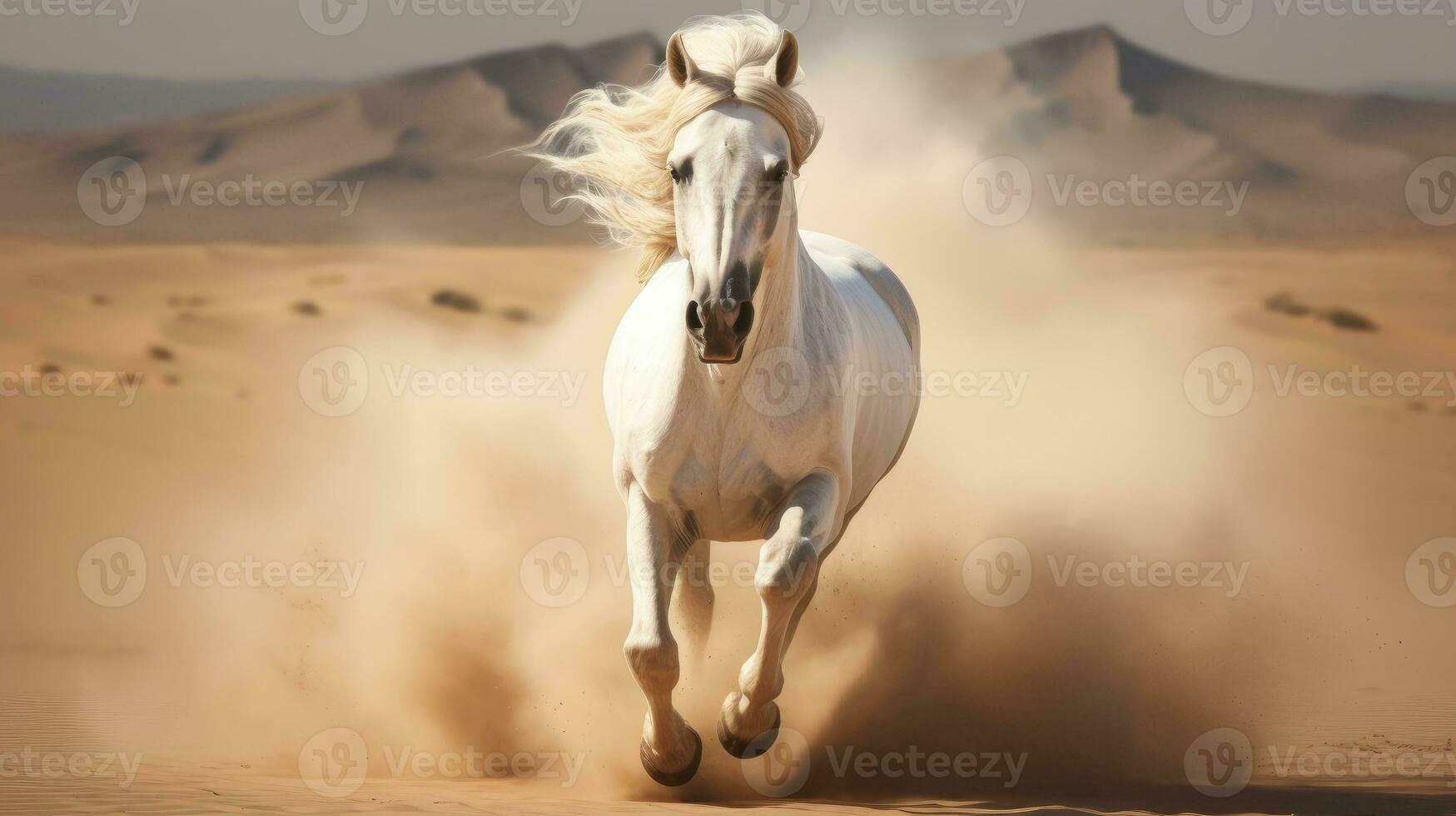 ai gegenereerd wit Arabisch paard loopt galop in stof woestijn foto