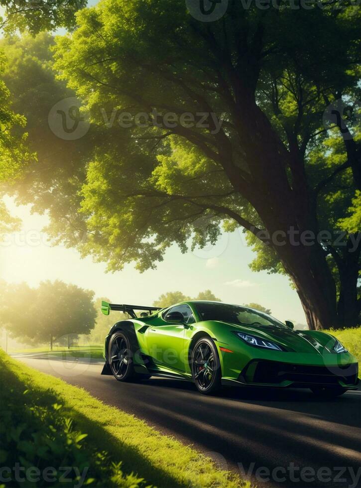 ai gegenereerd groen auto in zonneschijn dag heuvel bijhouden weg foto