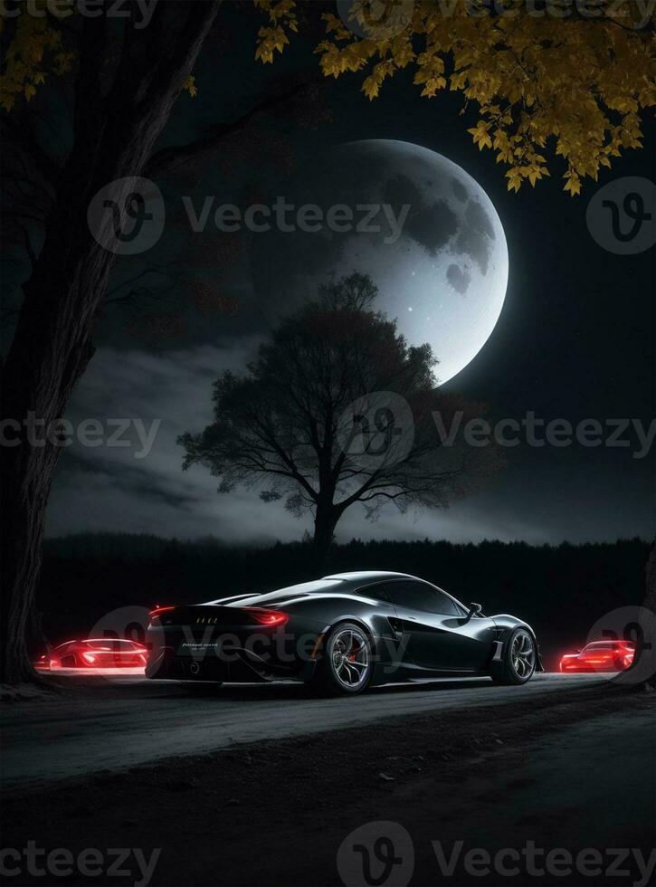 ai gegenereerd zwart super auto in middernacht foto