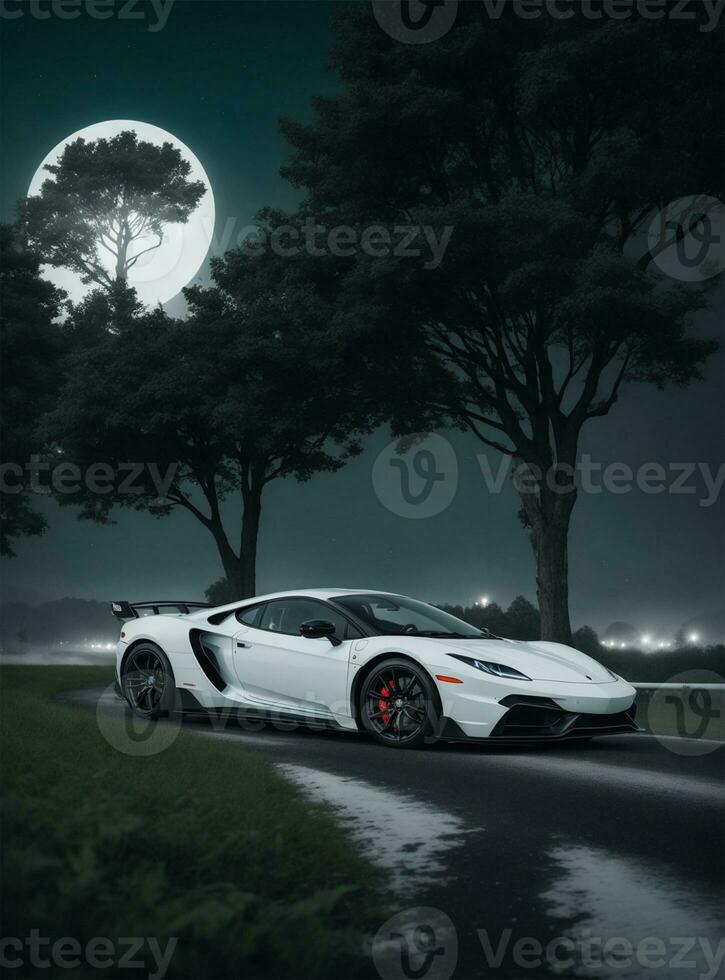ai gegenereerd wit super auto in middernacht foto