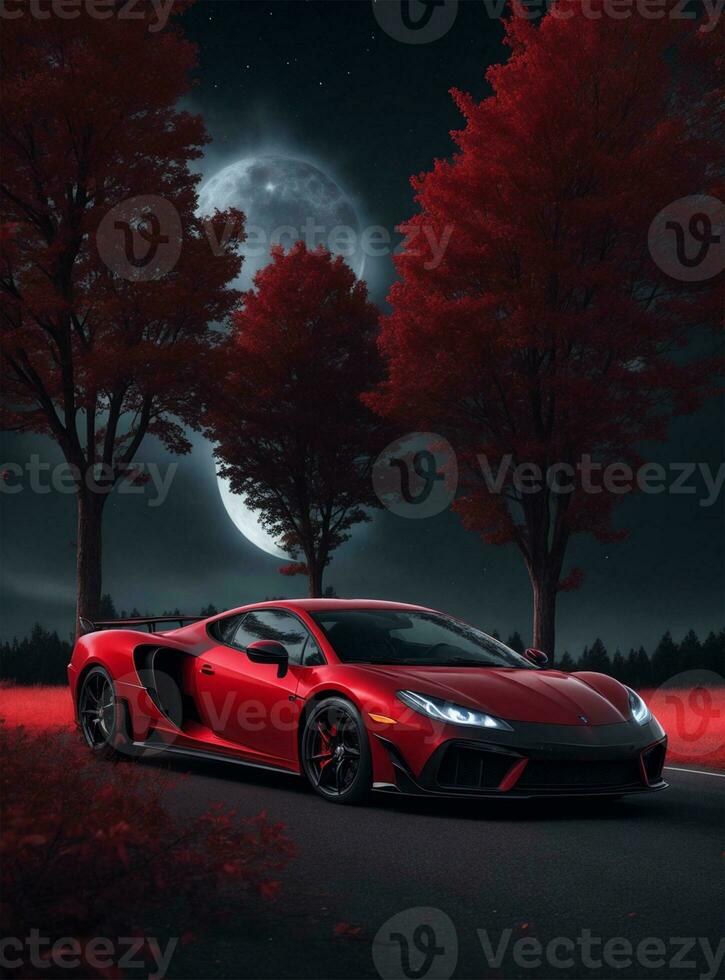 ai gegenereerd rood super auto in middernacht foto
