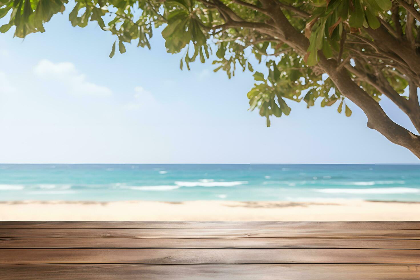 ai gegenereerd leeg houten tafel met boom en strand achtergrond foto