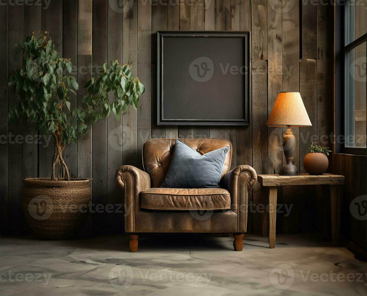 ai gegenereerd boerderij huis interieur ontwerp met een rustiek stoel foto