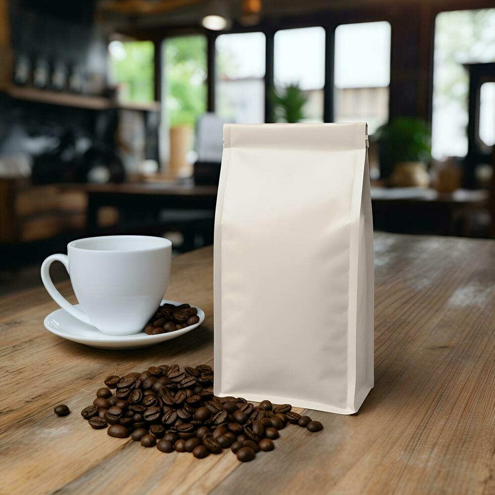 ai gegenereerd blanco beige koffie zak verpakking mockup met koffie bonen en koffie kop Aan hout tafel met keuken achtergrond foto