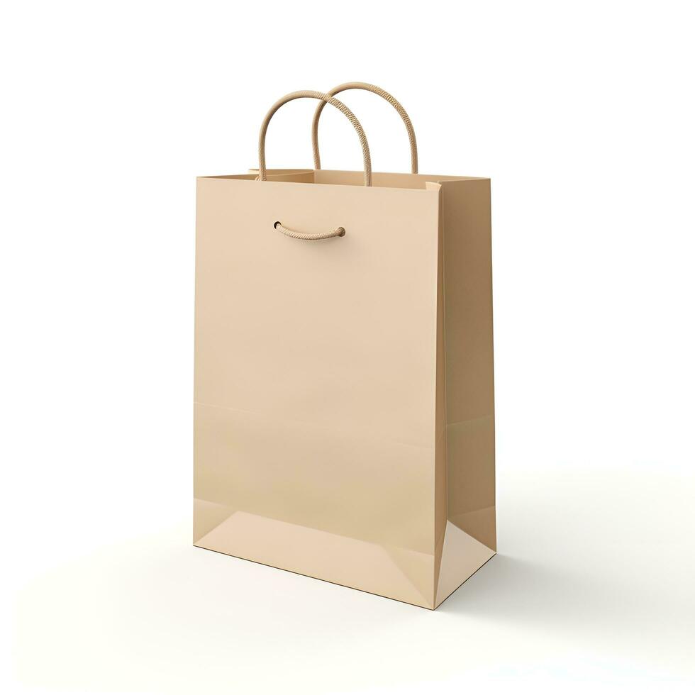 ai gegenereerd blanco beige boodschappen doen zak mockup Aan wit achtergrond. generatief ai foto