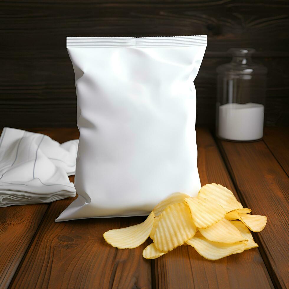 ai gegenereerd blanco wit chips verpakking mockup staand Aan houten tafel met aardappel chips foto