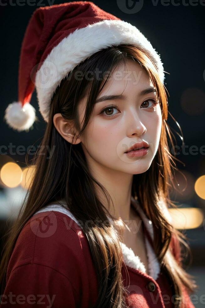 ai gegenereerd ai generatief mooi meisje in de kerstman claus kleren over- Kerstmis achtergrond foto