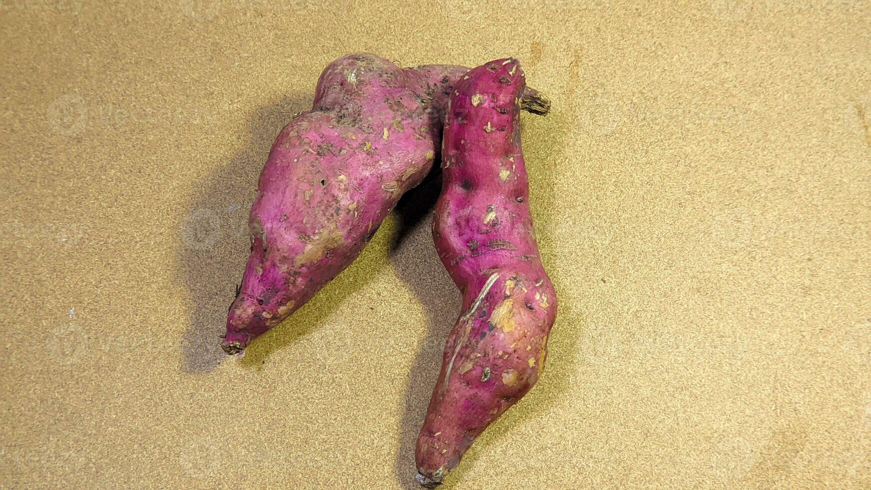 twee Purper zoet aardappelen Aan een wit achtergrond foto