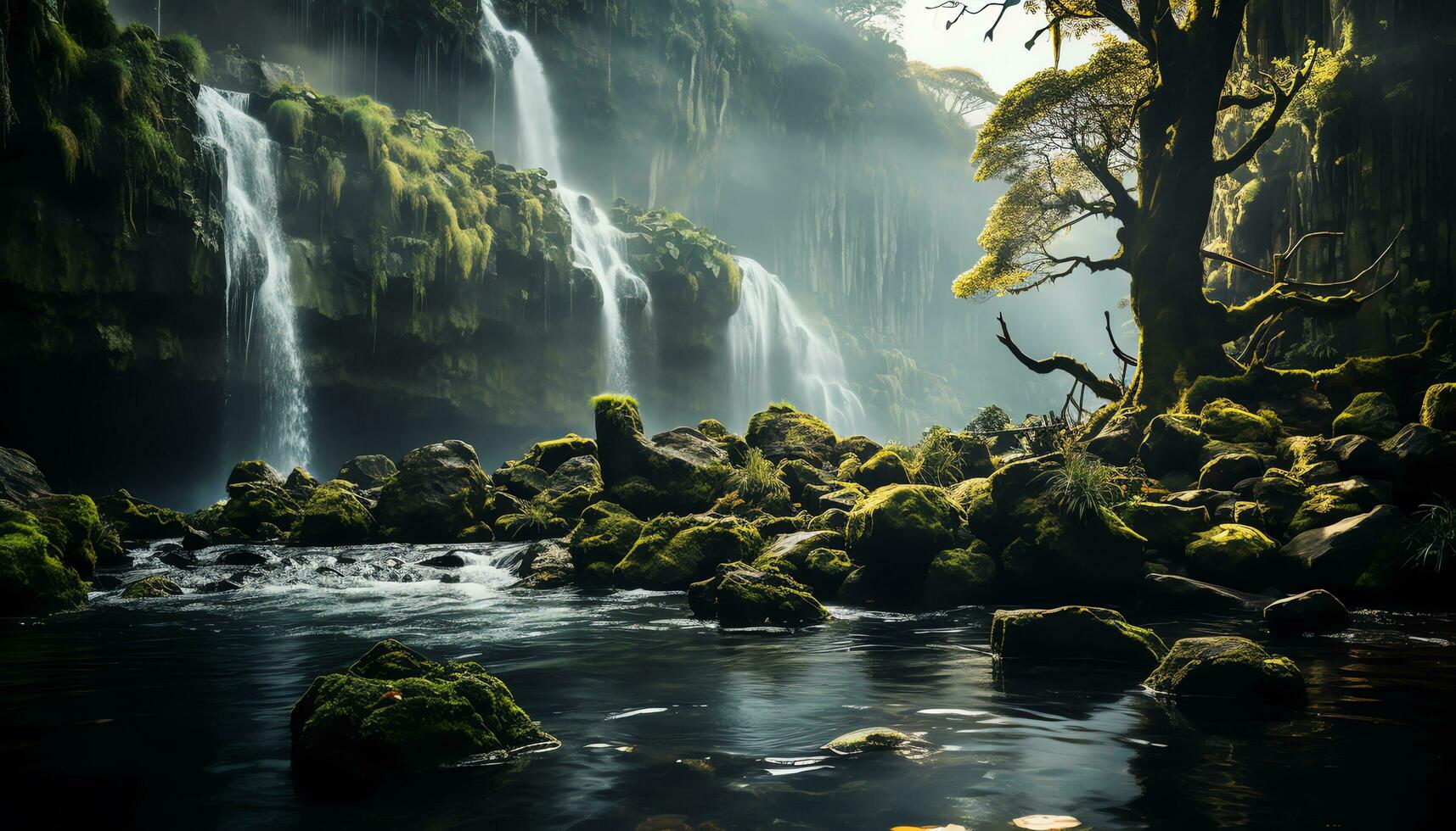 ai gegenereerd een waterval in de midden- van een Woud met rotsen en bomen foto