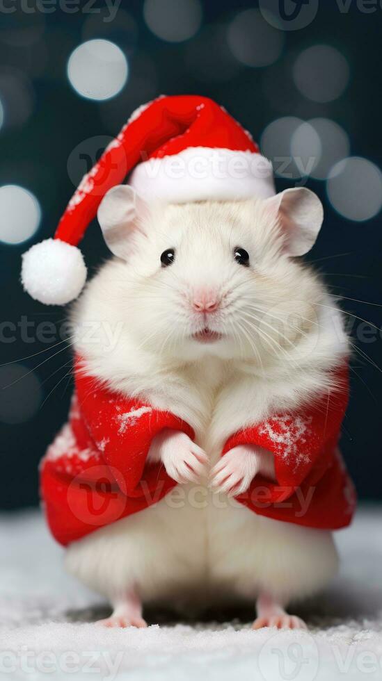 ai gegenereerd aanbiddelijk pluizig hamster de kerstman hoed zittend Kerstmis Cadeau doos lichten foto nieuw jaar poster