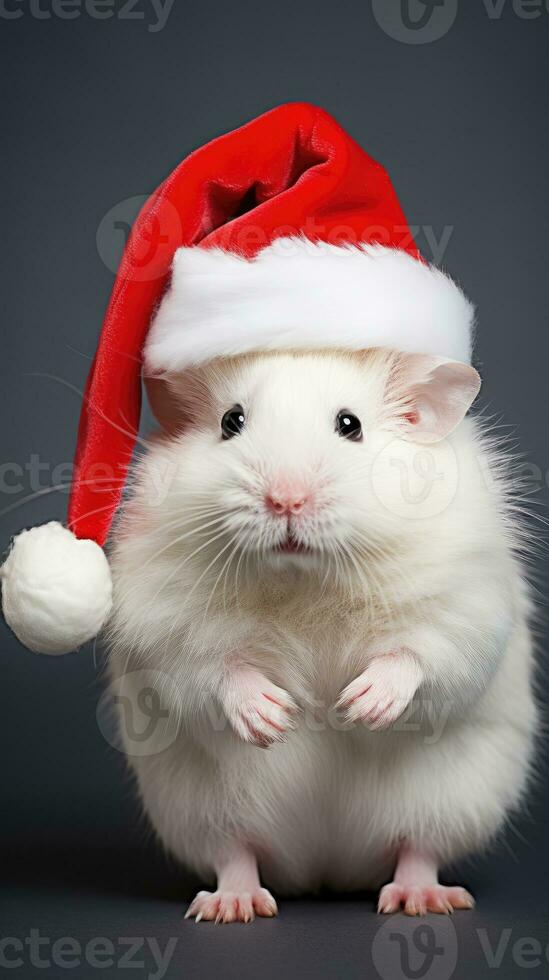 ai gegenereerd aanbiddelijk pluizig hamster de kerstman hoed zittend Kerstmis Cadeau doos lichten foto nieuw jaar poster