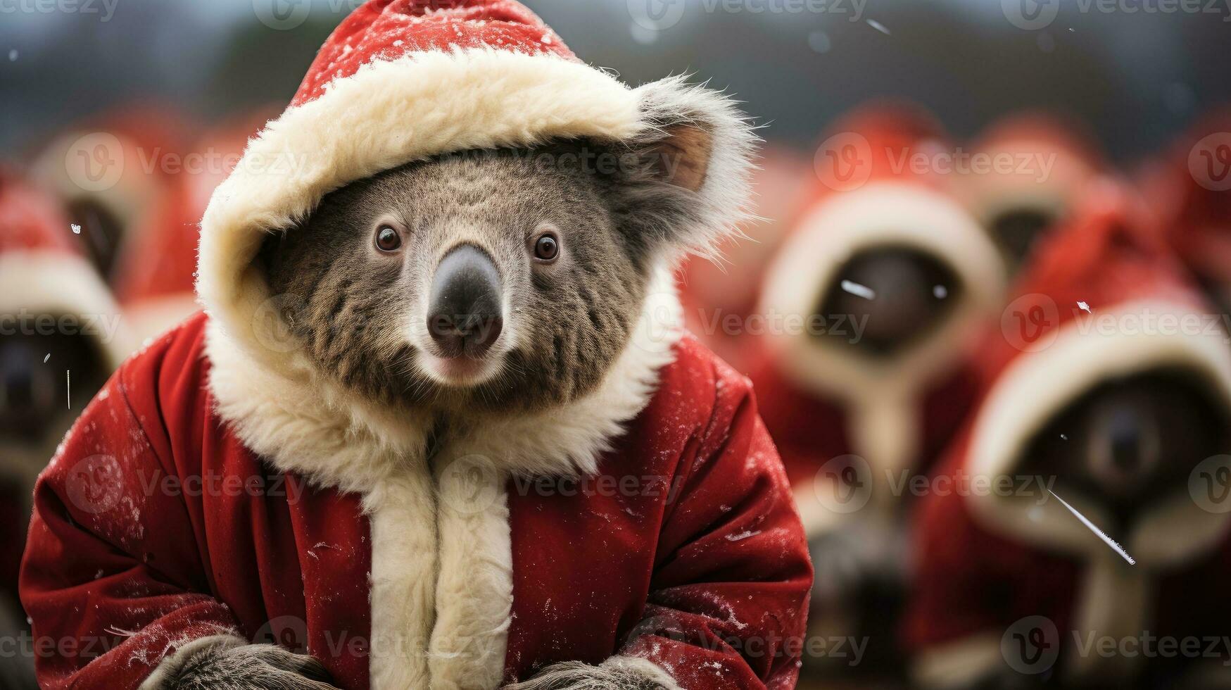 ai gegenereerd schattig konijn haas rood de kerstman hoed achtergrond sneeuw ansichtkaart pluizig dieren geschenk rood winter foto