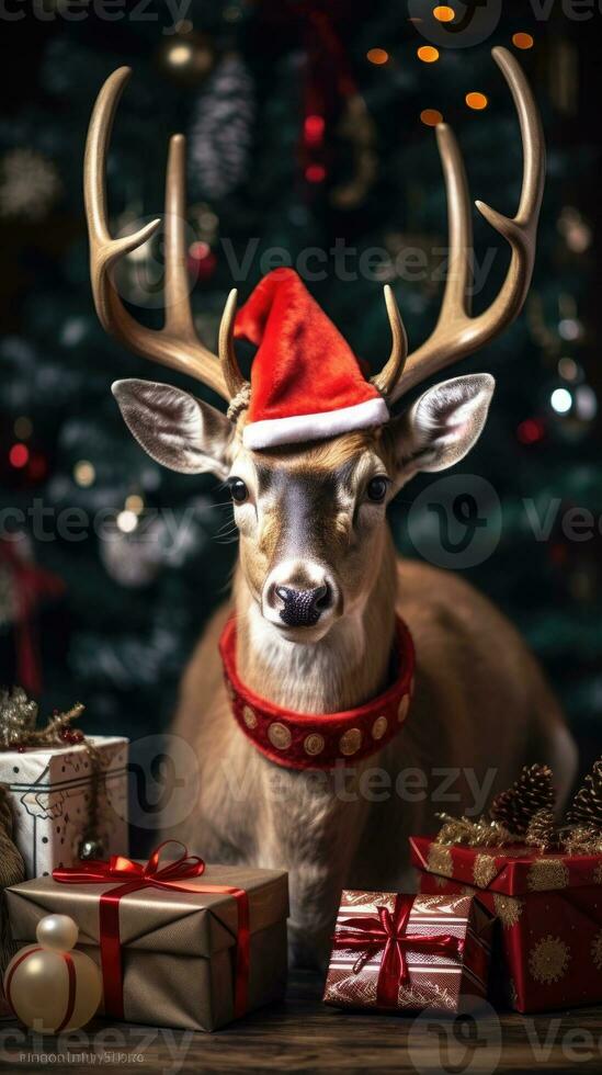 ai gegenereerd schattig hert rood de kerstman hoed achtergrond sneeuw ansichtkaart pluizig dieren geschenk rood winter foto
