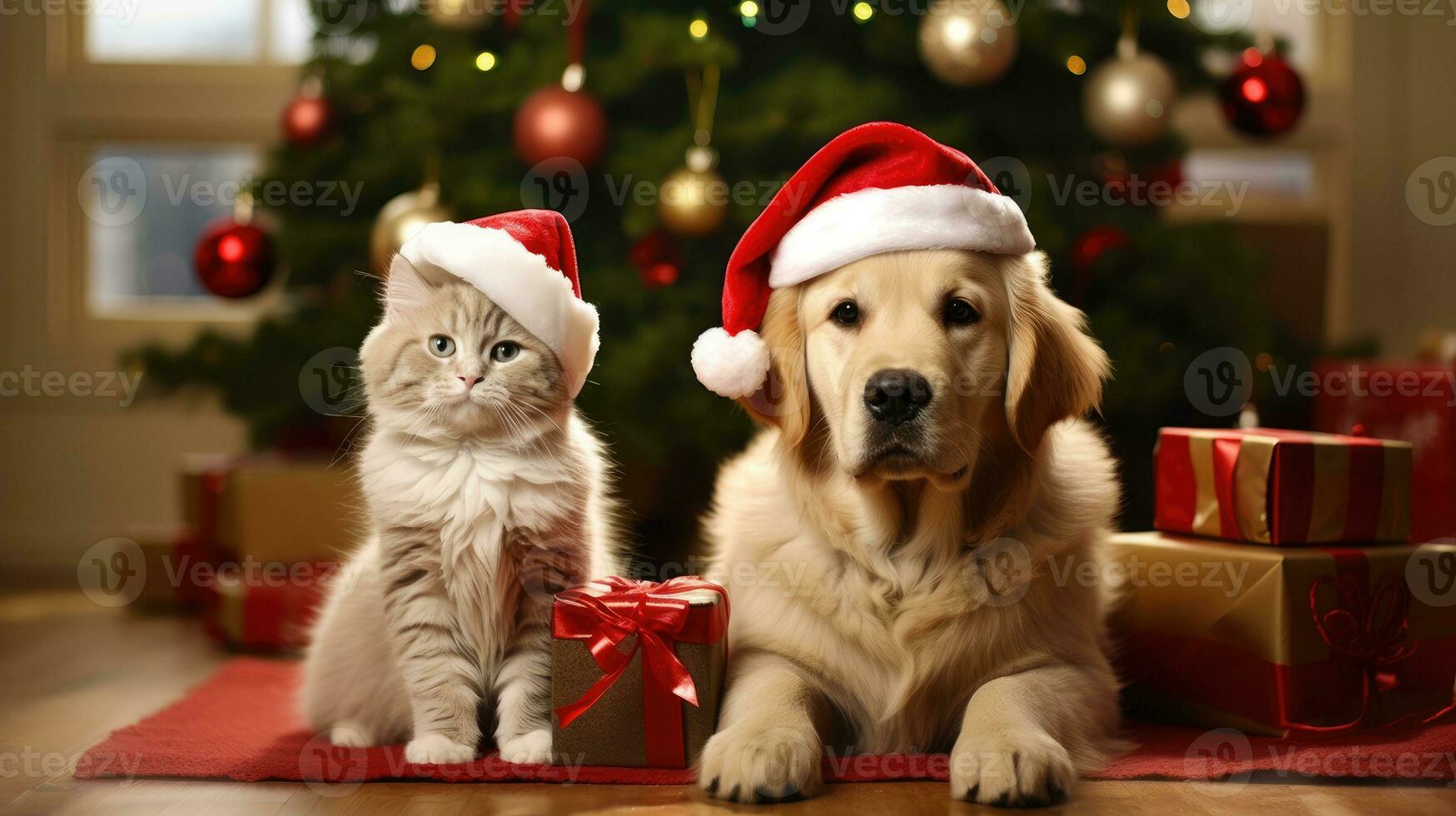 ai gegenereerd schattig hond puppy retriever met Kerstmis geschenk dozen concept foto poster vrolijk Cadeau rood nieuw jaar