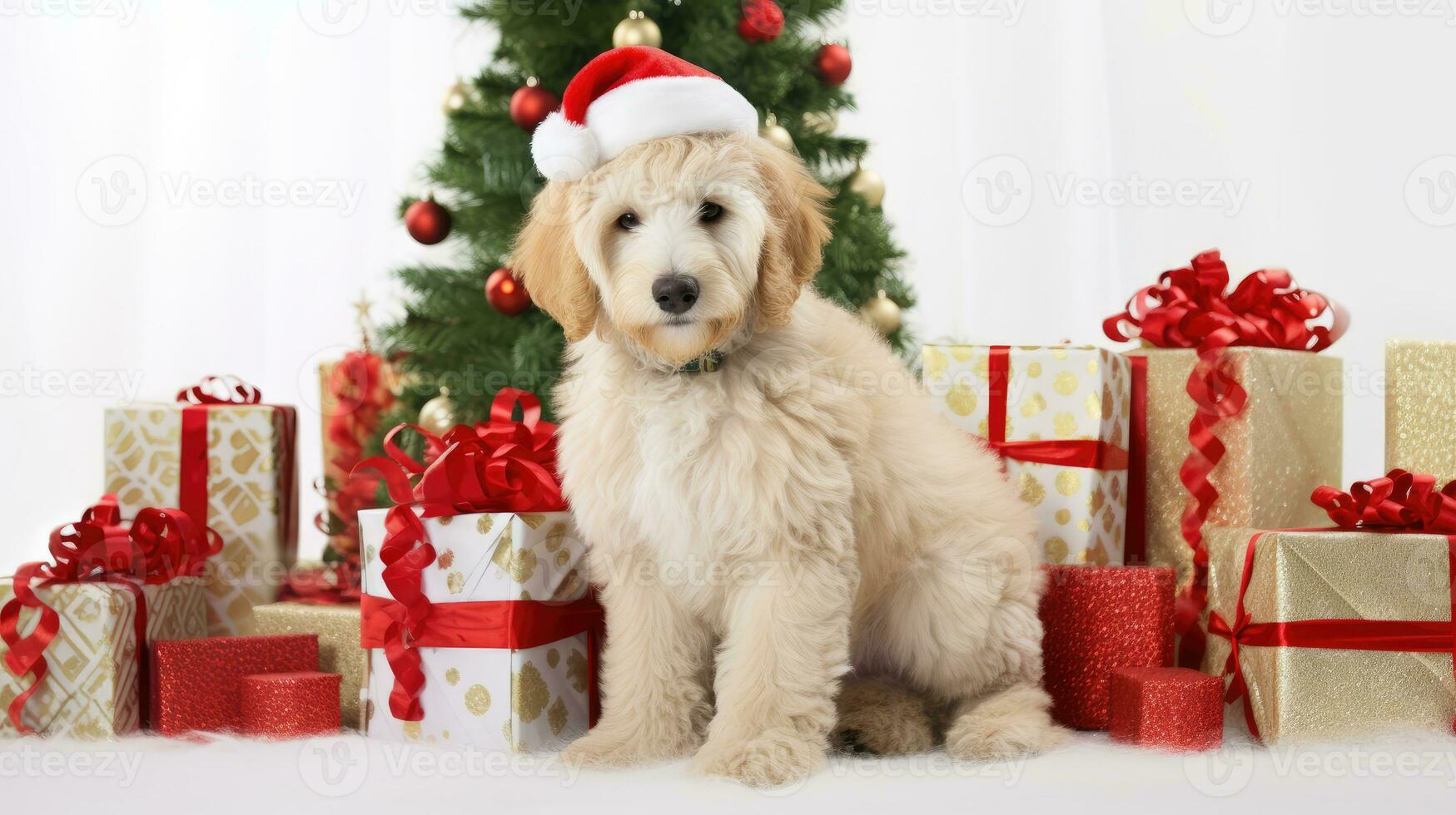 ai gegenereerd schattig hond puppy retriever met Kerstmis geschenk dozen concept foto poster vrolijk Cadeau rood nieuw jaar